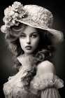 Black and white of 1890s female fashion model in hat and white lace. AI Generated. Art Print